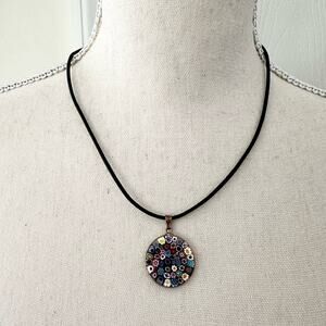 Italian Glass Millefiori Round Pendant Silver Rim Black Leather Strap Necklace